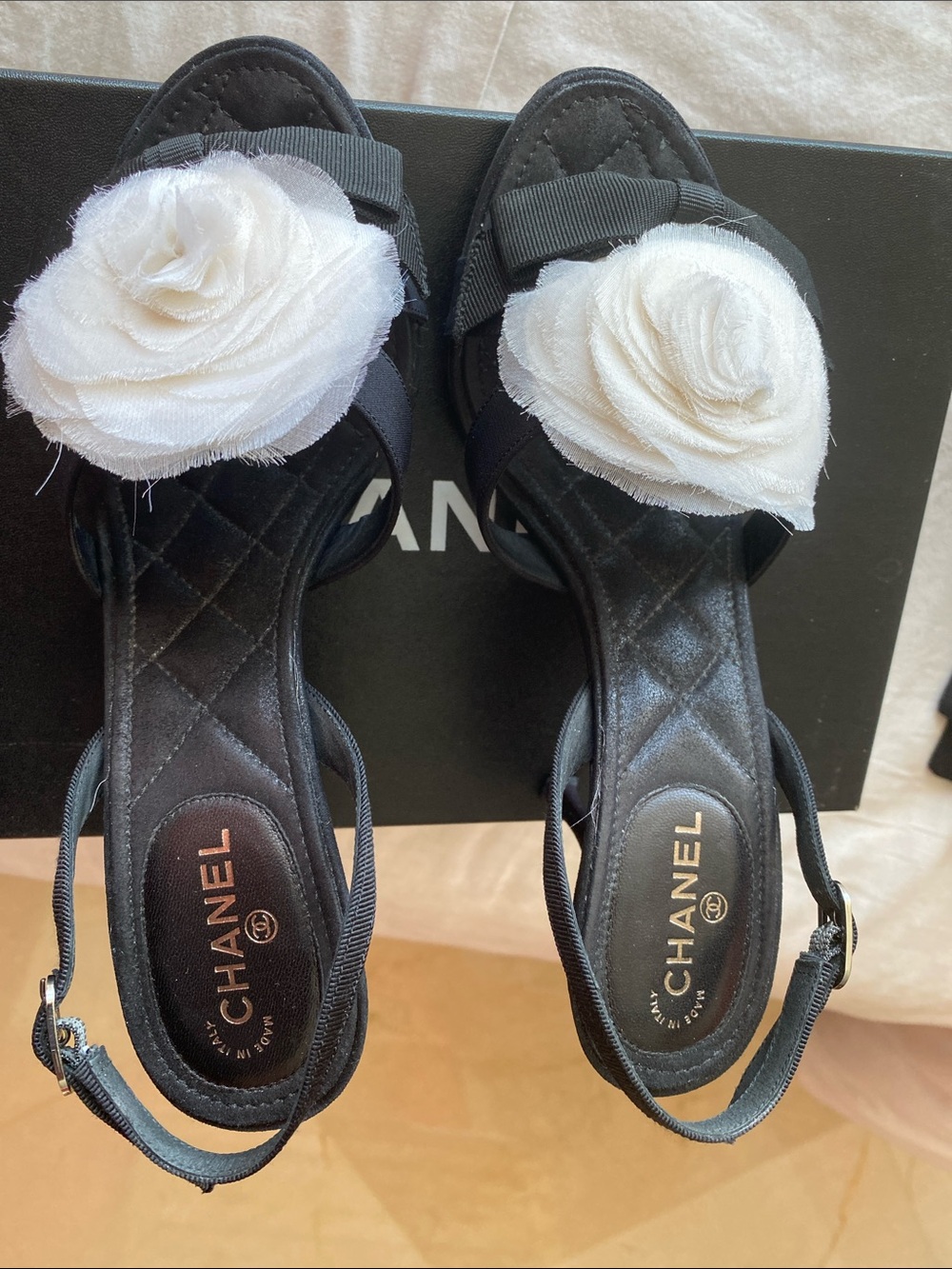 CHANEL Black Slingback Sandals Heels with Cream Camellia Flower Sz 6 - Picture 4 of 8